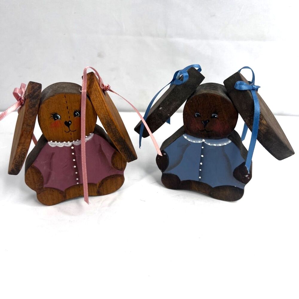 Wooden Bunny Rabbits Cottage Core Hand Painted Shelf Sitters Easter Decor